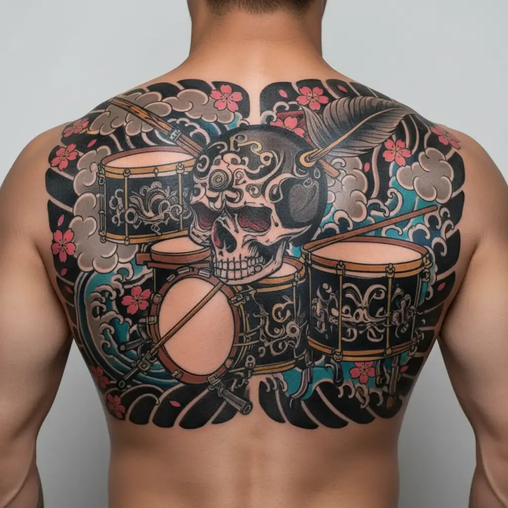 skull and snare drum set tattoo design idea