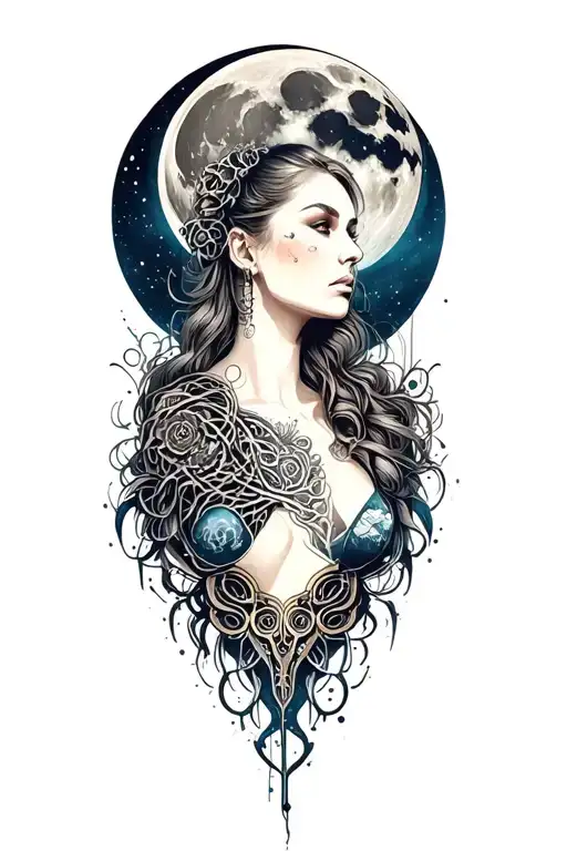 full moon with female portrait below tattoo design idea