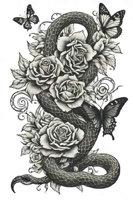 Snakes and flowers and butterflies tattoo design idea