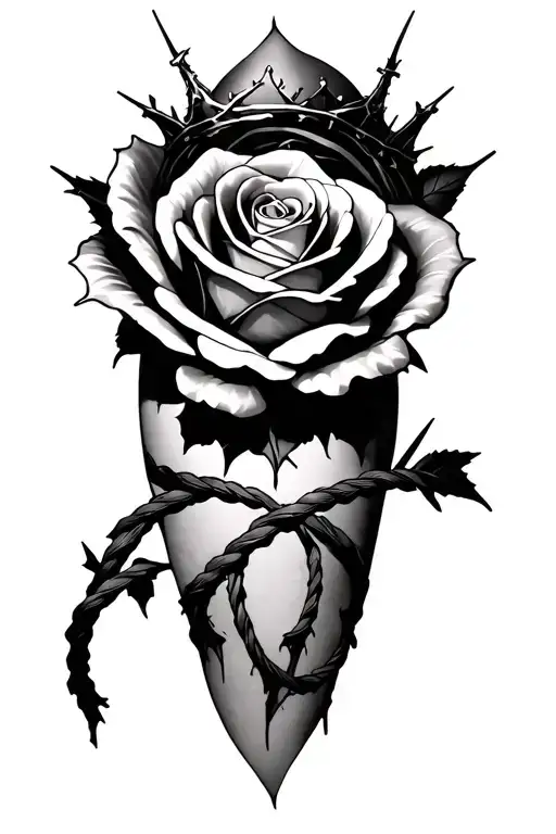 Create me a tattoo skech: a rose that has a crown of thorns on it(on a knee) With a whip coming out of the rose(Shin) tattoo design idea