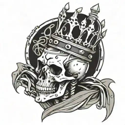 king skeleton wearing a crown with tethered king clothing with skeleton army chess piece tattoo design idea