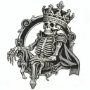 king skeleton wearing a crown with tethered king clothing with skeleton army chess piece tattoo design idea