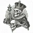 king skeleton wearing a crown with tethered king clothing with skeleton army chess piece tattoo design idea