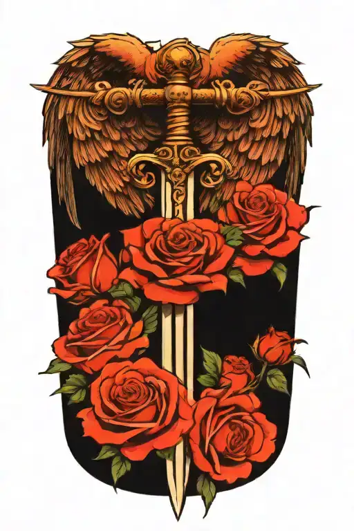 angel wings behind a sword, roses tattoo design idea