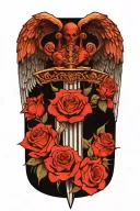 angel wings behind a sword, roses tattoo design idea