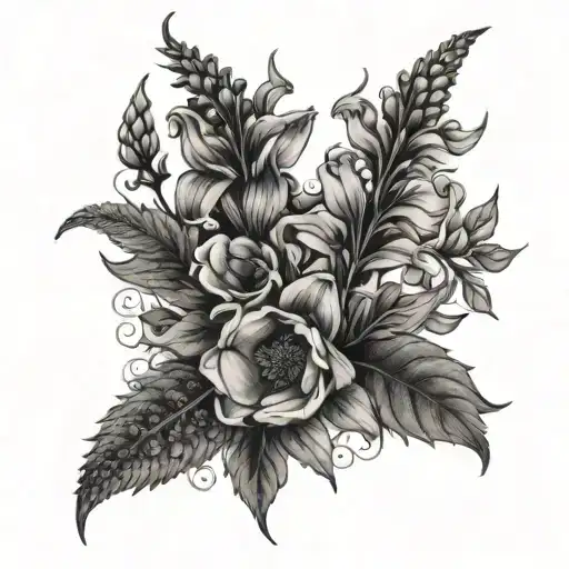 belladonna, hemlock, wolfsbane, foxglove flowers intertwined tattoo design idea