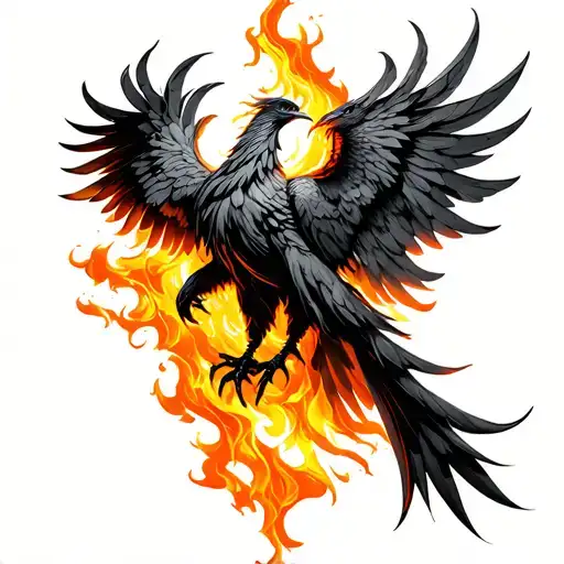 A majestic phoenix rises from the flames, its wings still glowing and half-spread, as the golden light of dawn illuminat tattoo design idea