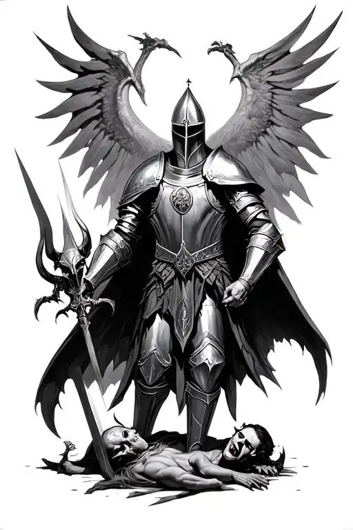 templar knight surrounded by slain demons tattoo design idea