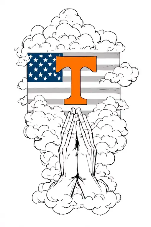  an American flag beneath the Tennessee vols orange T logo engulfed by clouds on top of praying hands  tattoo design idea