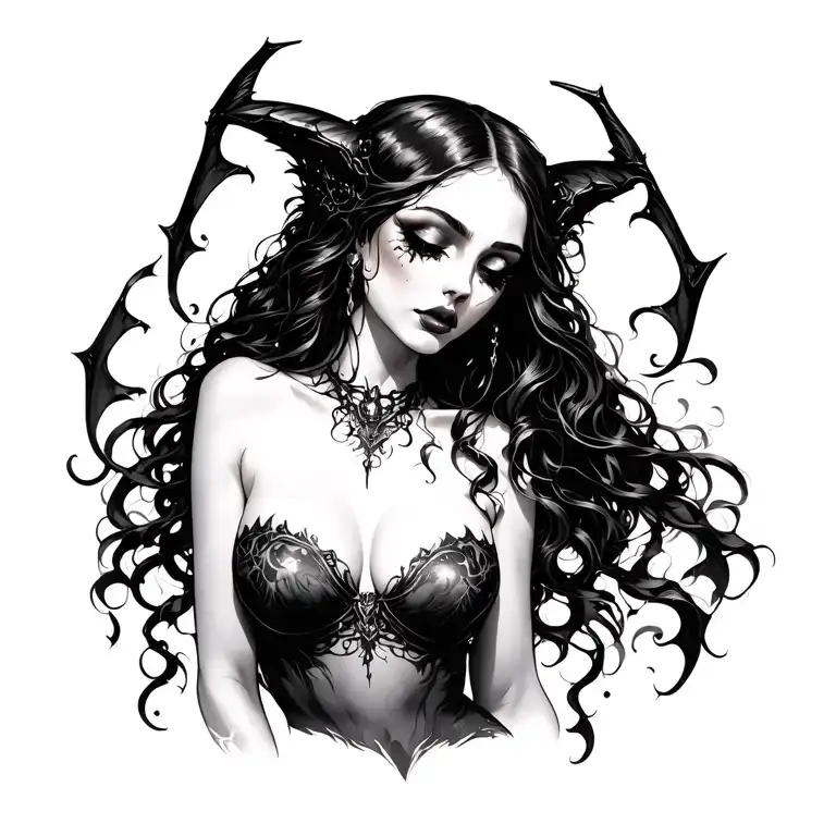 Gothic, Succubus, Big Boobs, Looking Down tattoo design idea