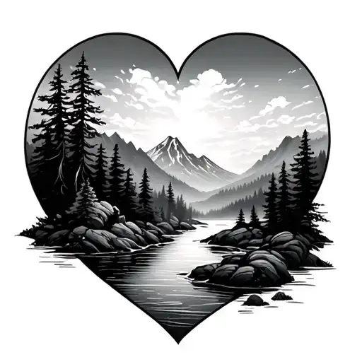 River flowing near mountains heart shaped like trees tattoo design idea