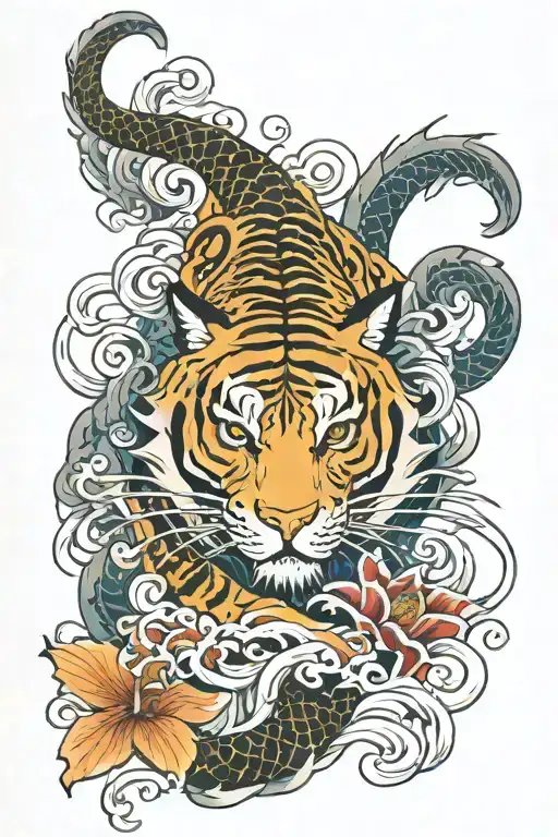 japanese tiger koi dragon wrapping tattoo design idea