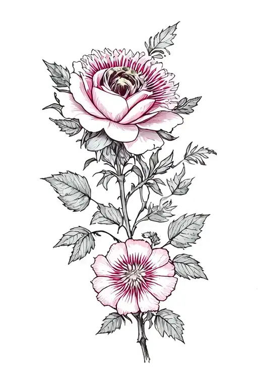 musk rose, passionflower, hollyhock, ivy geranium, and Jacob's ladder flower tattoo design idea