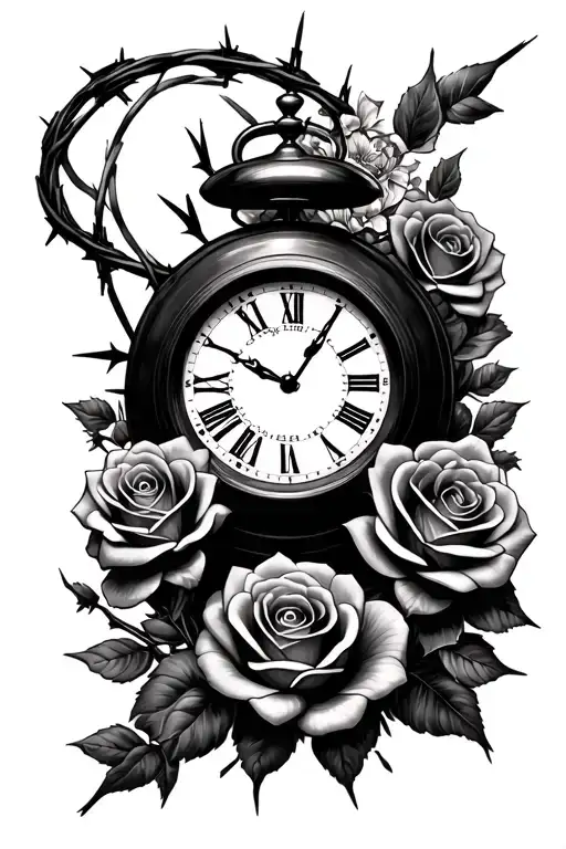 black and white alice in wonderland sleeve with barbed wire turning into roses around a broken clock with alice and the  tattoo design idea