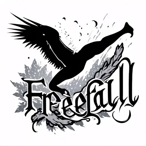 Creatw a dainty tattoo that is the word “Freefall” coming off of the last l is a dainty silhouette freefalling connected tattoo design idea