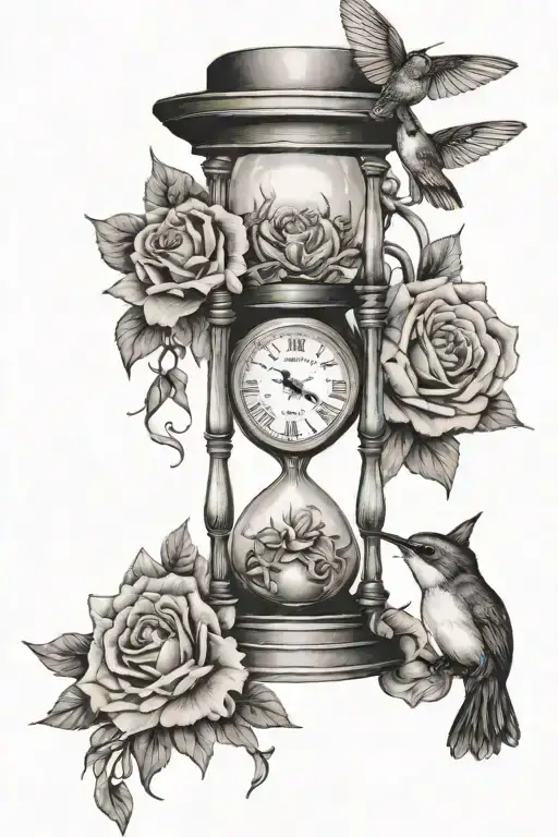 Hourglass, pocket watch, carnations, roses, hummingbirds tattoo design idea