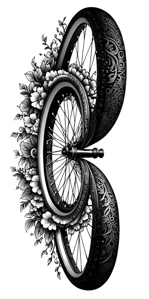 A dotwork tattoo of a bicycle wheel with intricate floral patterns and vines growing around it tattoo design idea
