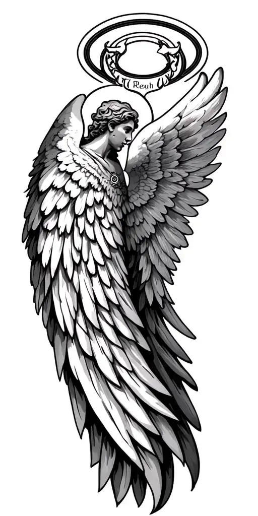 arm sleave tattoo with name angel wings and halo representing uncles death tattoo design idea