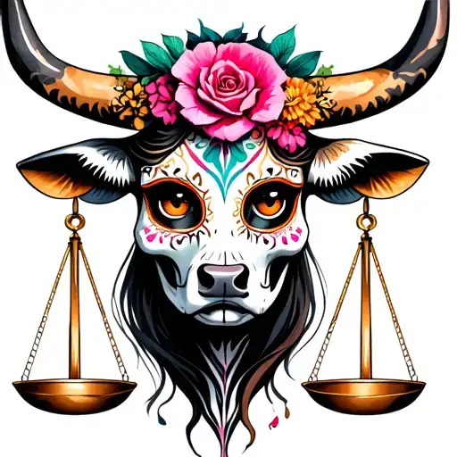 woman bull with sugar skull markings, brown eyes and two Libra scales and dark background tattoo design idea