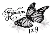 "Romans 12:9" small monarch butterfly flying tattoo design idea