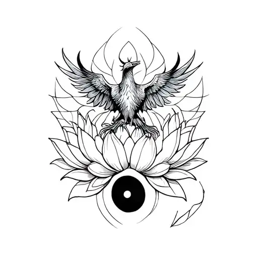 Semicolon made of lotus petals with a phoenix flying above it tattoo design idea