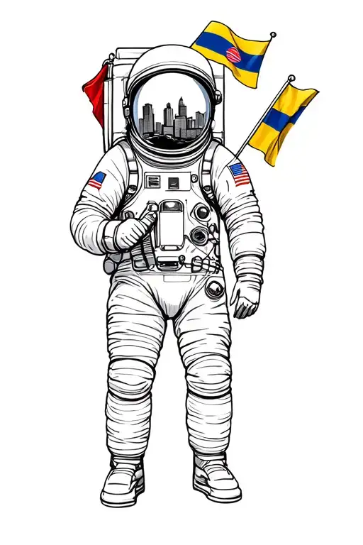 Astronaut holding colombian flag with city of houston in astronaut helmet reflecting tattoo design idea