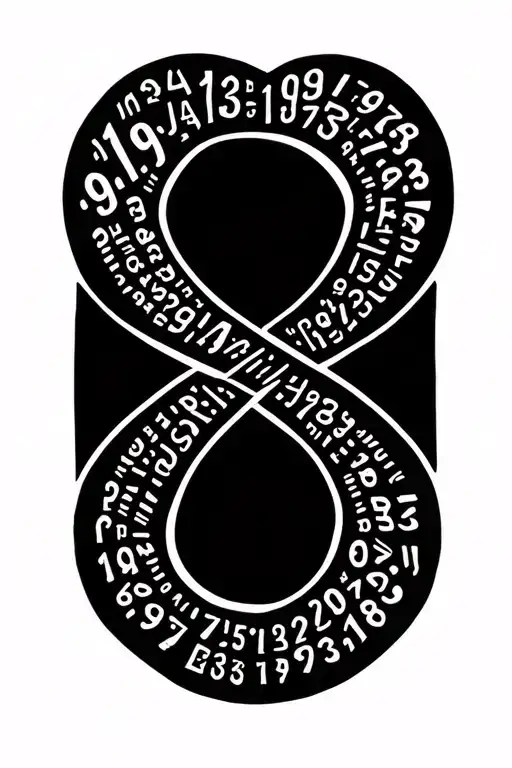 Tattoo design of an elegant infinity symbol made from a flowing sequence of numbers: 1949, 1954, 1979, 1981, 1982, 1985, tattoo design idea