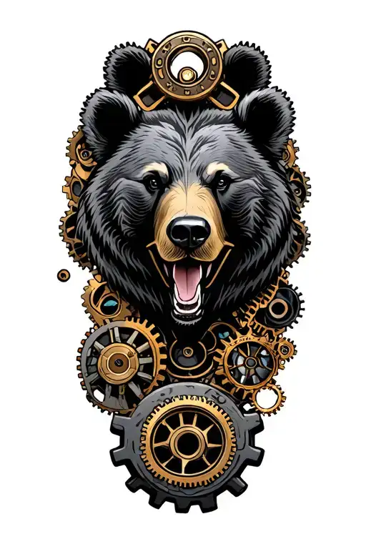 bear head surrounded steampunk gears tattoo design idea