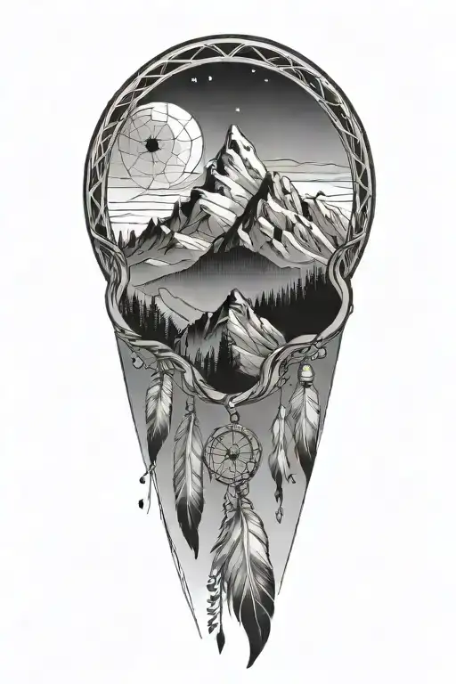 mountain landscape and dream catcher tattoo design idea