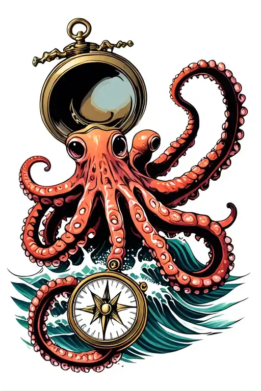 kracken octopus hold compass with waves, tentacles spread out tattoo design idea