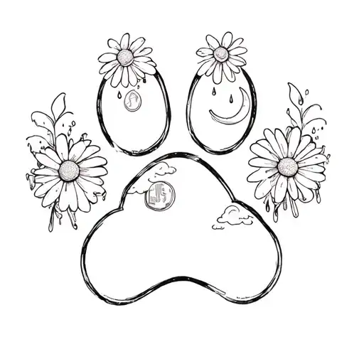 a outlined dog paw print with rain clouds in it and daisy's with a crescent moon and a penny  tattoo design idea