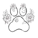 a outlined dog paw print with rain clouds in it and daisy's with a crescent moon and a penny  tattoo design idea