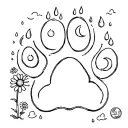 a outlined dog paw print with rain clouds in it and daisy's with a crescent moon and a penny  tattoo design idea