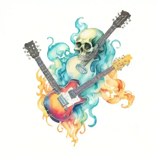 fire flames, guitar and skulls facing each other tattoo design idea