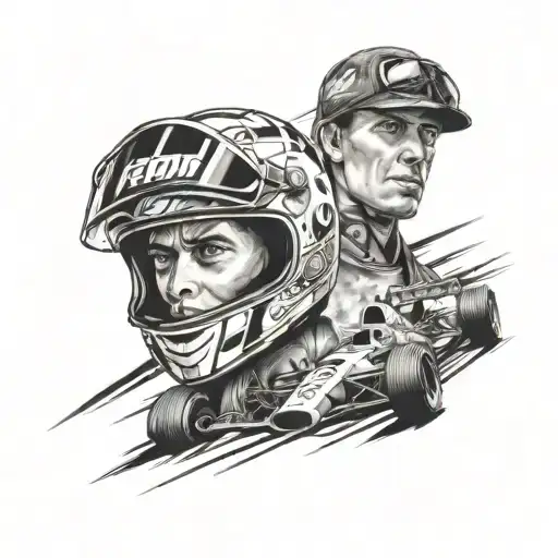 A detailed portrait of a famous race car driver with a background of racing tracks and subwoofers tattoo design idea