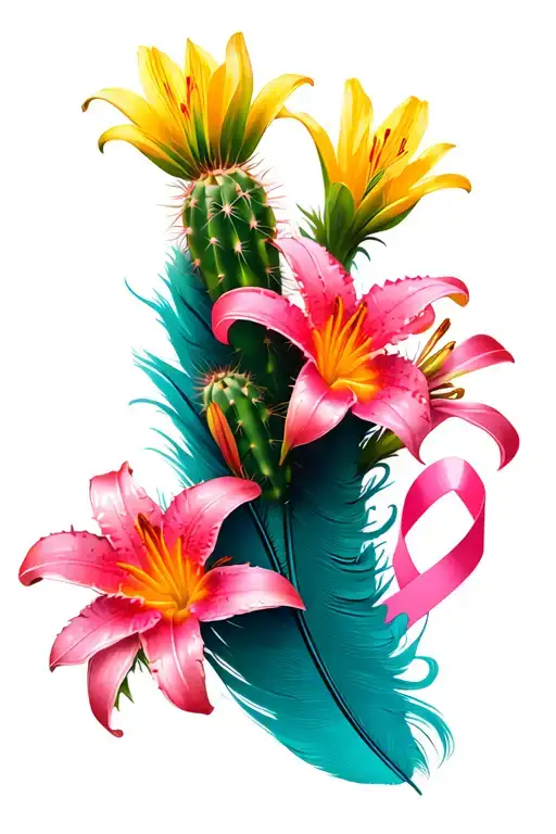 Yellow cactus flowers and pink lillies with pink cancer ribbon turning into a teal feather  tattoo design idea