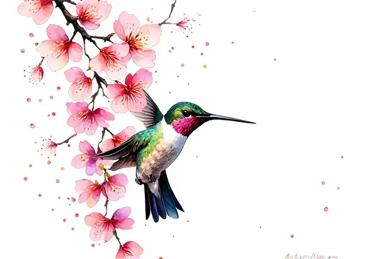 In a watercolor style, give me a tattoo of a hummingbird surrounded by cherry blossoms  tattoo design idea