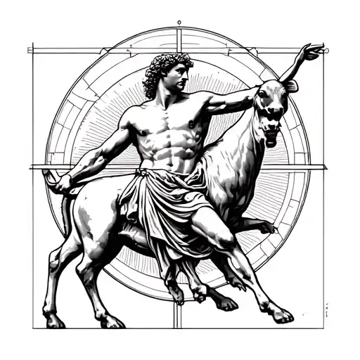 milo of croton carrying the calf in a vitruvian man position tattoo design idea