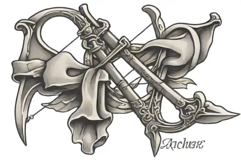Bow and Cross with ARCHER text tattoo design idea