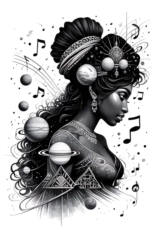  I want to get a tattoo arm sleeve that exhibits a black queen in the universe with planets and pyramids and music notes tattoo design idea