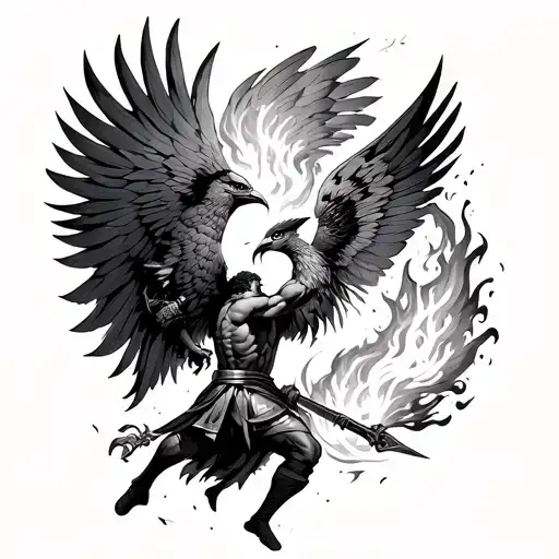 Gladiator fighting against a phoenix, both are inside the Roman coliseum and the phoenix birds fires fire from it tattoo design idea