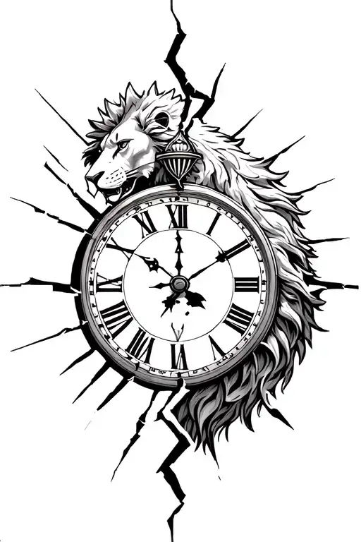 broken clock surrounding a half lion half Spartan tattoo design idea
