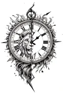 broken clock surrounding a half lion half Spartan tattoo design idea