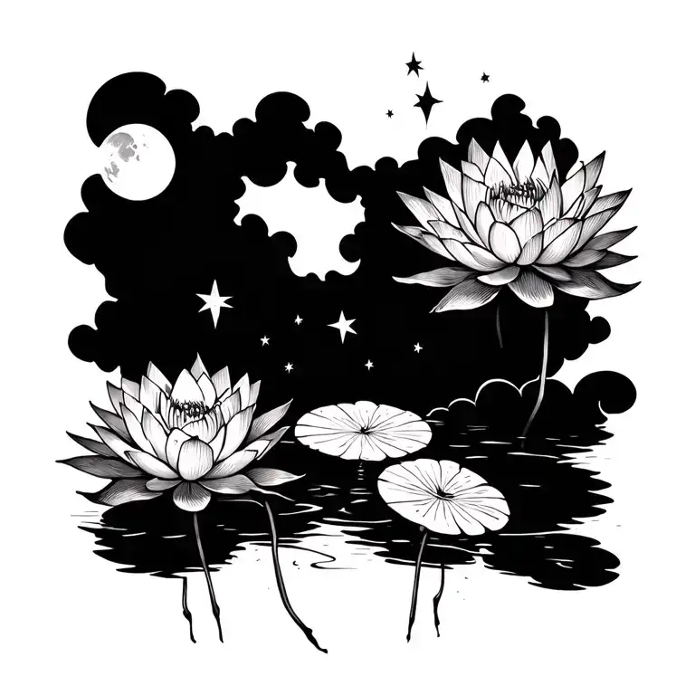lotus flower lilly pads cloudy smoke in the background and moon shining at stars tattoo design idea