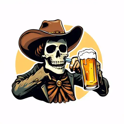skeleton wearing a cowboy hat drinking a beer tattoo design idea