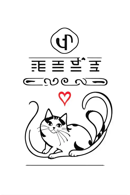 The hieroglyphs “忠実” will be placed above the picture, below there will be a cat that catches a heart tattoo design idea