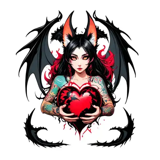 tattooed anime demon fox woman holding a shattered heart with a heart shaped black dragon surround tattoo design idea
