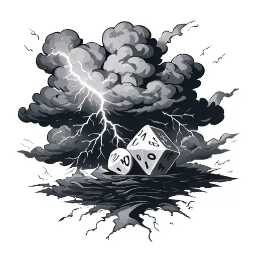 storm cloud with lightening strikes, at the lightening strike have dnd dice tattoo design idea