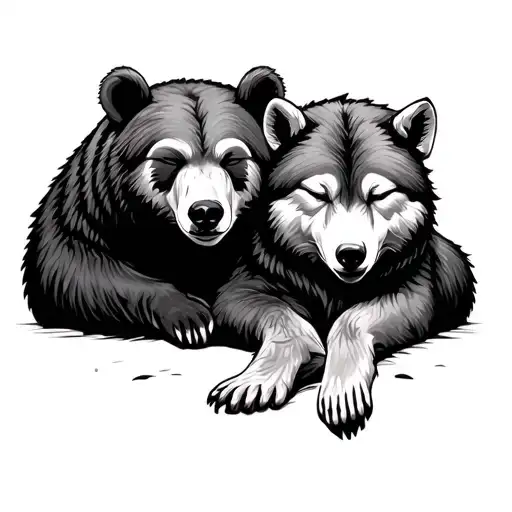 2 bears and 1 wolf sleeping tattoo design idea