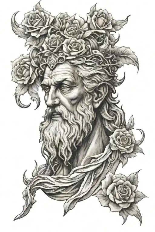 poseidon god with roses and embers tattoo design idea